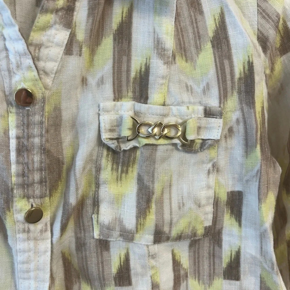 JM collection petite 100% linen button down blouse yellow brown white size 6P - Picture 4 of 8